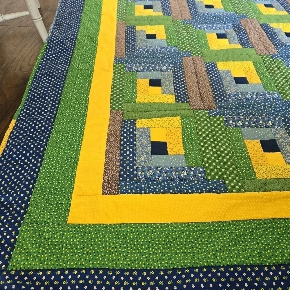 Handmade Patchwork Quilt Tumbling Blocks Blue Green Yellow Full Twin Lap Blanket